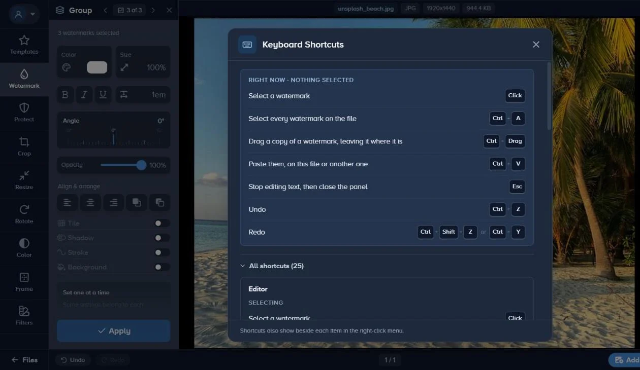 The Keyboard Shortcuts window open over the editor
