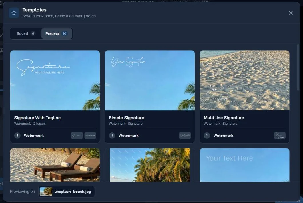 The Templates window in the editor, with each template previewed on the photo being edited